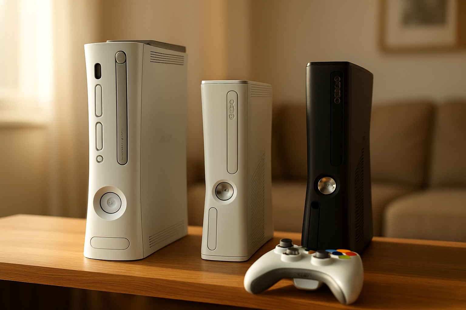 Xbox 360 avec étiquetage de modèle original, S et E sur une étagère de salon